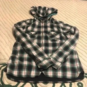 Horny Toad flannel zipper front top with hood.
